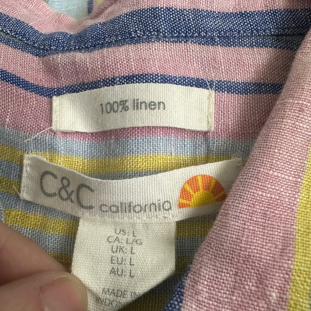 C&C California Women Large 100% Linen Short Sleeve Striped Button Down Shirt - Picture 3 of 5